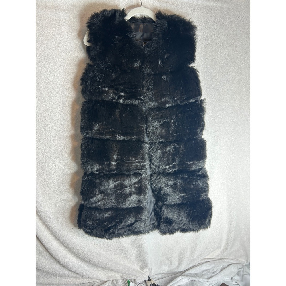 Optimal Product Womens Black Faux Fur Tiered Vest Size Medium Sleeveless Jacket